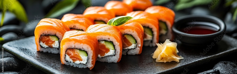 Elegant Salmon Sushi Rolls with Garnish on a Dark Plate Elegant Salmon Sushi Rolls with Garnish on a Dark Plate