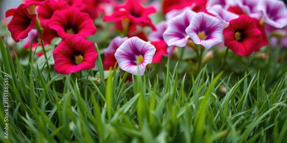 Fototapeta premium A vibrant display of pink and red flowers emerge from a bed of lush green grass, showcasing the beauty of nature's contrasting colors.