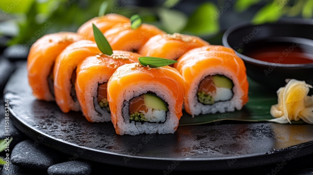 Elegant Salmon Sushi Rolls with Garnish on a Dark Plate Elegant Salmon Sushi Rolls with Garnish on a Dark Plate