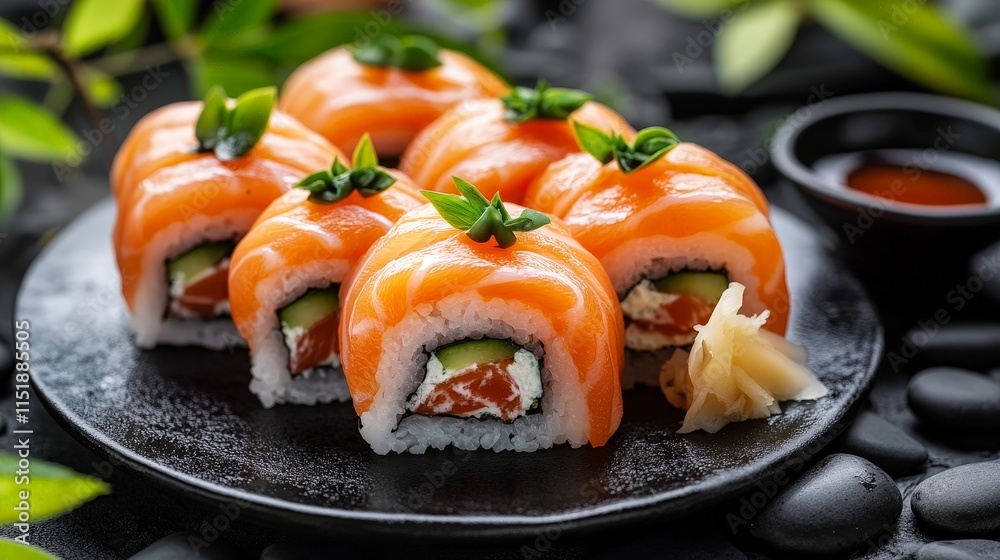 Elegant Salmon Sushi Rolls with Garnish on a Dark Plate Elegant Salmon Sushi Rolls with Garnish on a Dark Plate