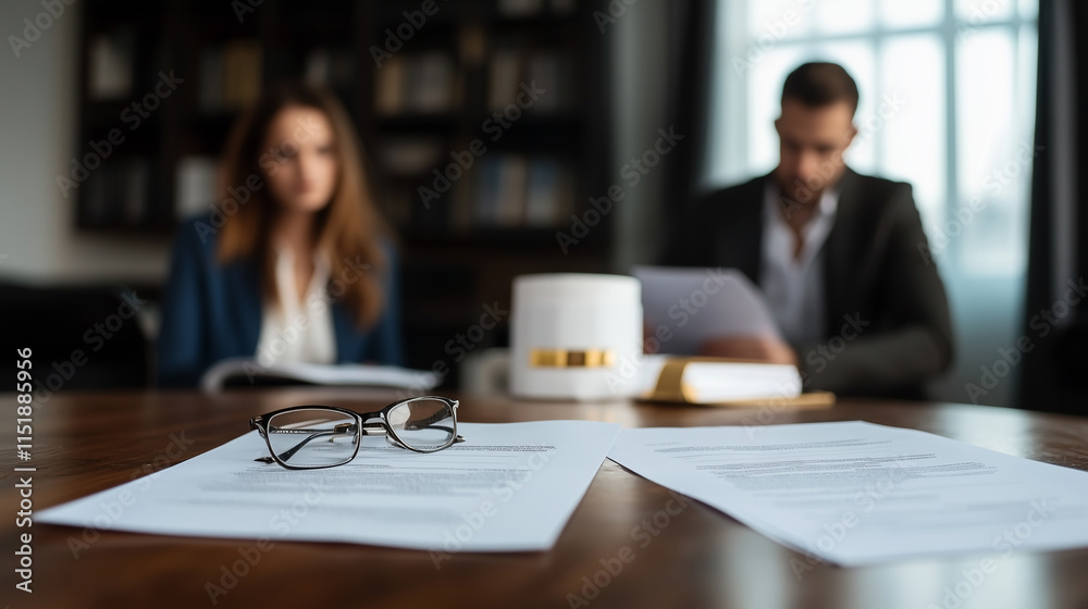 Selective Focus on Couple Sitting at Table with Divorce Documents, Emphasizing Emotional Tension and Raw Atmosphere. Selective Focus on Couple Sitting at Table with Divorce Documents, Emphasizing Emotional Tension and Raw Atmosphere.