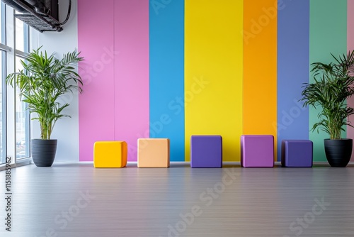 A gym filled with colorful workout accessories like resistance bands, yoga blocks, and stability balls arranged neatly in a corner photo