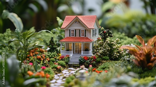 A detailed miniature luxury house surrounded by a lush garden, with vibrant flowers and greenery. photo