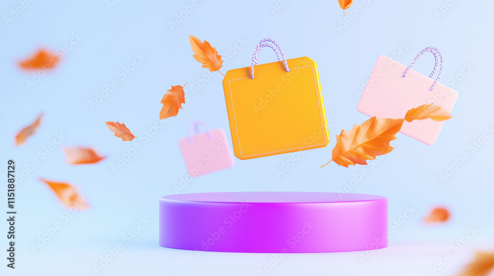 A vibrant display of floating shopping bags and colorful leaves, showcasing a whimsical shopping theme against a soft blue background. A vibrant display of floating shopping bags and colorful leaves, showcasing a whimsical shopping theme against a soft blue background.