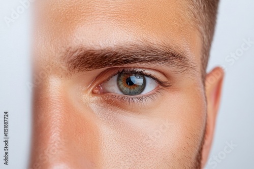 A hyper-realistic close-up of a guy face with intense, thoughtful expression, showing every detail of his skin and stubble photo