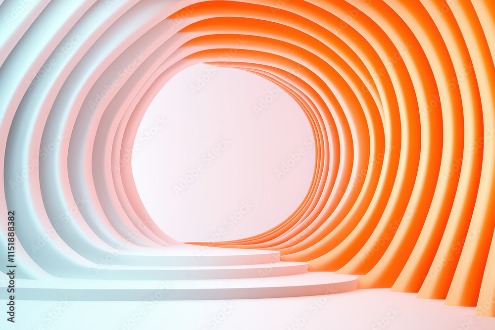 Fototapeta premium Curved futuristic podium with vibrant orange and white waves, creating dynamic space. Ideal for modern presentations or exhibitions