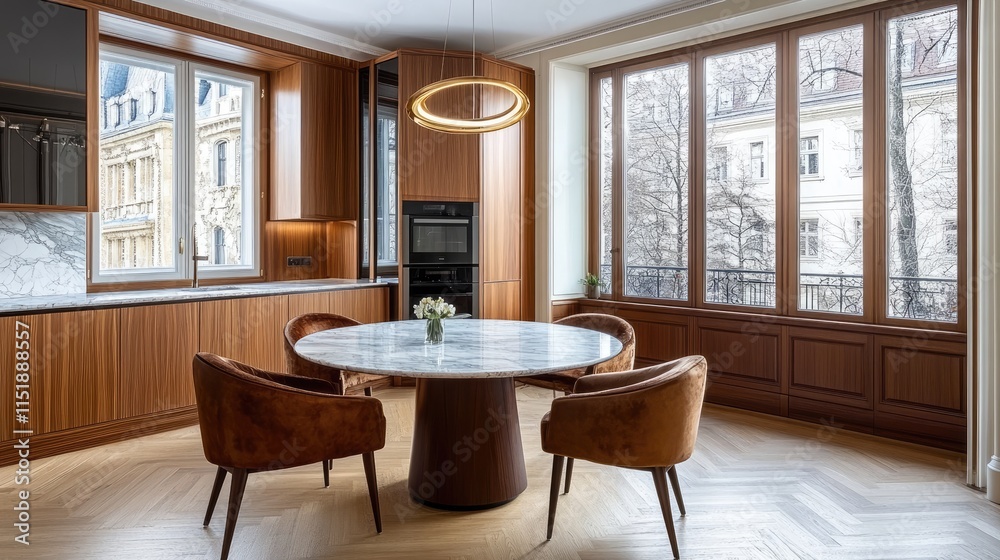 Fototapeta premium Modern Kitchen Dining Area With Marble Table And Wood Accents