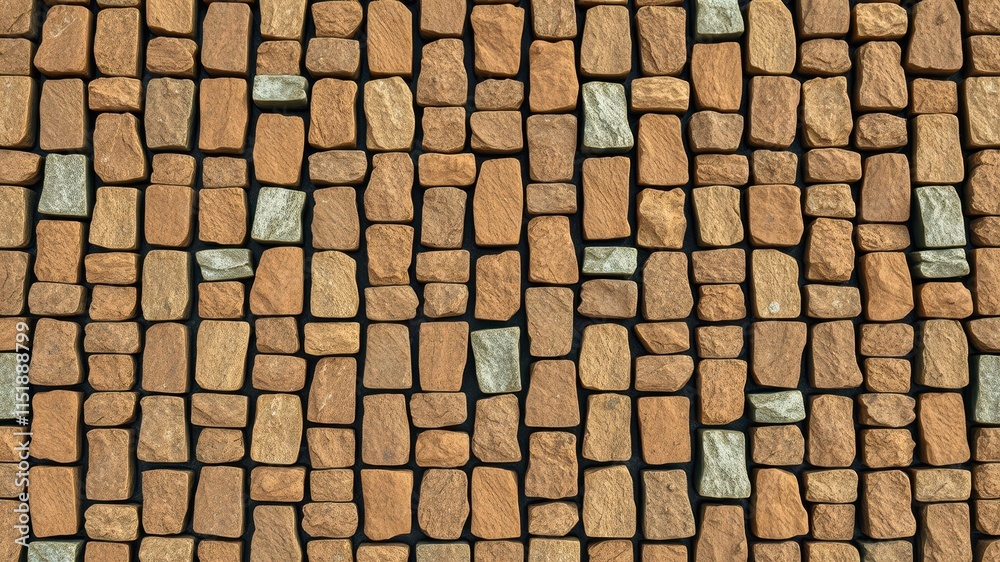 A close-up view of a stone wall made up of irregularly shaped, brown, and tan colored rocks. A close-up view of a stone wall made up of irregularly shaped, brown, and tan colored rocks.