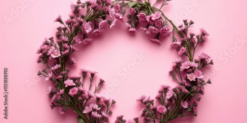 A delicate wreath of soft pink flowers creates a romantic frame on a pastel pink background. photo