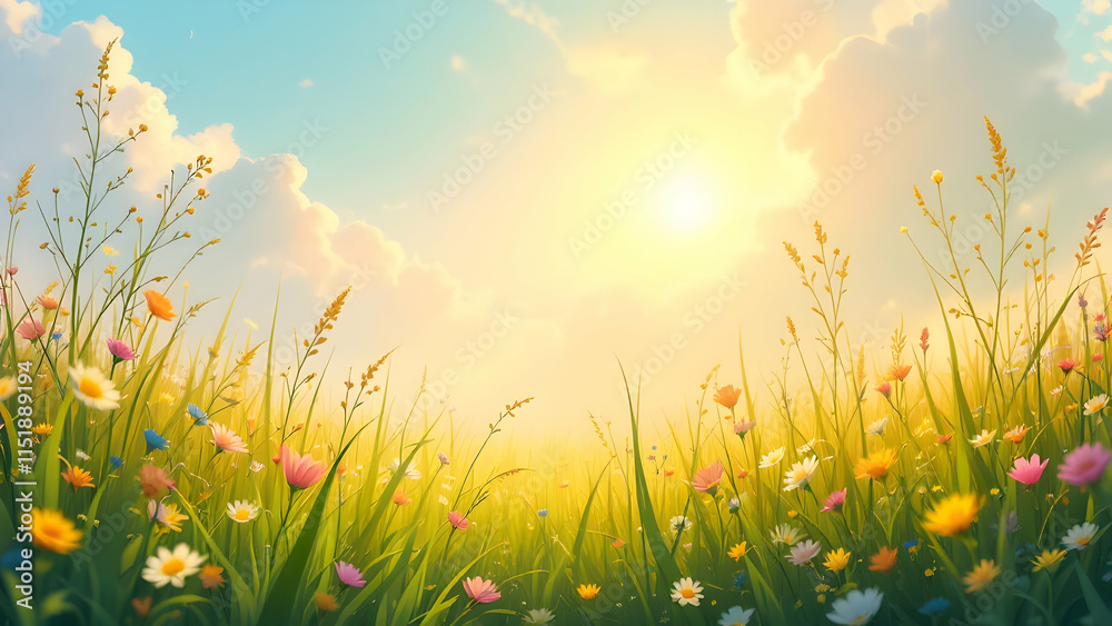 Naklejka premium Sunrise in a Flower Field