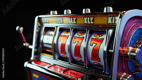 A close-up of a classic slot machine hitting the 777 jackpot, radiating the excitement and thrill of a big casino win. photo