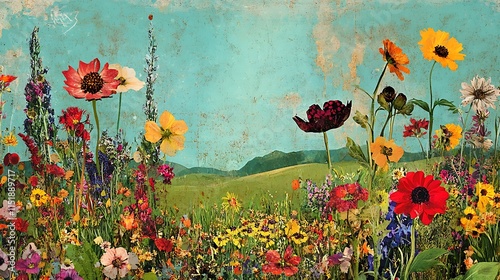 Vintage Style Wildflower Field with a Blue Sky and Distant Mountains photo