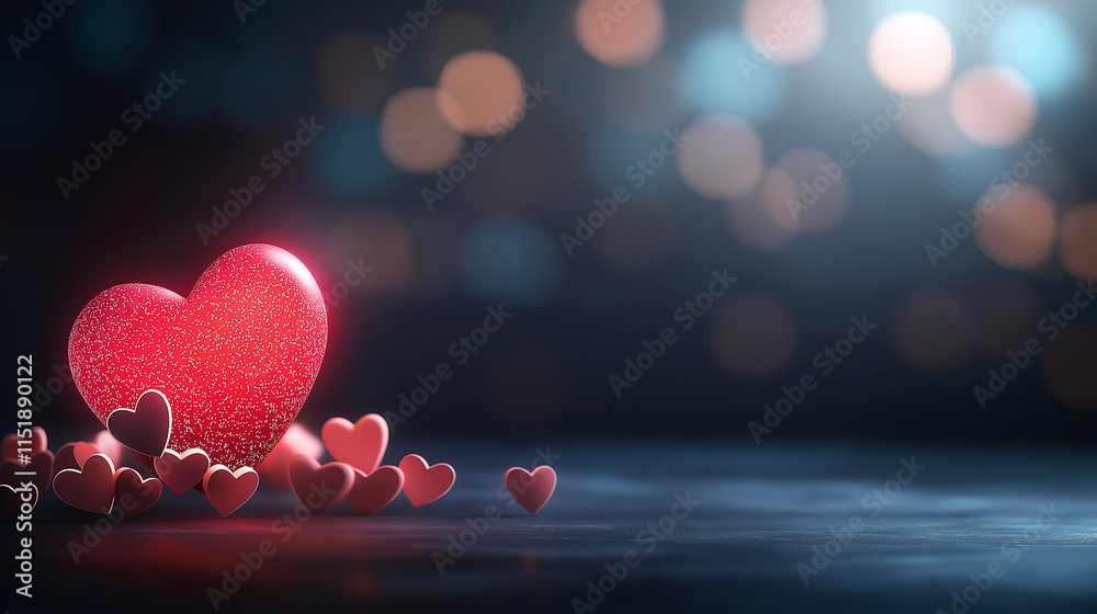sparkling red heart surrounded by smaller hearts creates romantic atmosphere, perfect for expressing love and affection. soft bokeh background enhances emotional appeal sparkling red heart surrounded by smaller hearts creates romantic atmosphere, perfect for expressing love and affection. soft bokeh background enhances emotional appeal