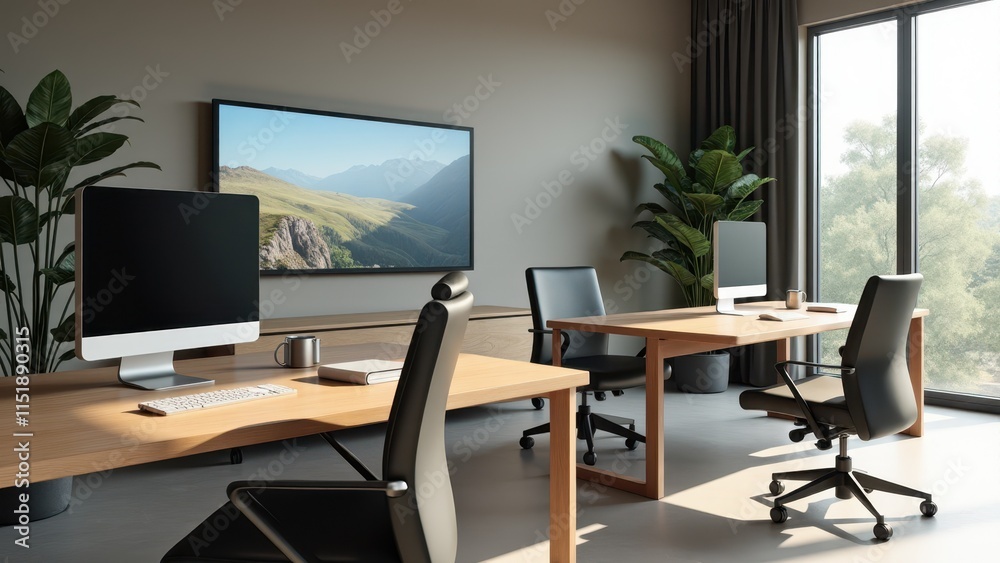 A cutting-edge office space with sleek desks, high-tech equipment, and minimalist decor for a professional yet comfortable environment A cutting-edge office space with sleek desks, high-tech equipment, and minimalist decor for a professional yet comfortable environment