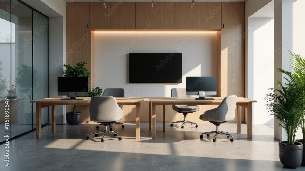 A cutting-edge office space with sleek desks, high-tech equipment, and minimalist decor for a professional yet comfortable environment A cutting-edge office space with sleek desks, high-tech equipment, and minimalist decor for a professional yet comfortable environment