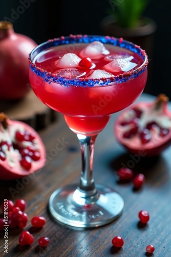 Blue rimmed red pomegranate margarita with red sugar , margarita, cocktail