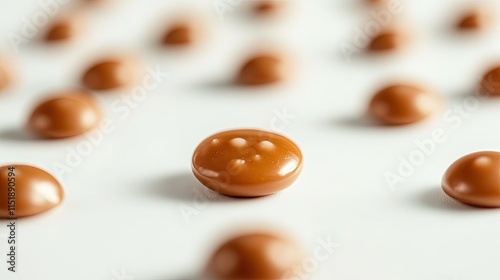 A single, creamy caramel candy in focus, surrounded by blurred duplicates on a white background. photo