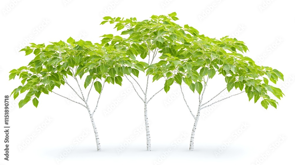 Obraz premium Three Young Birch Trees Spring Foliage Isolated on White