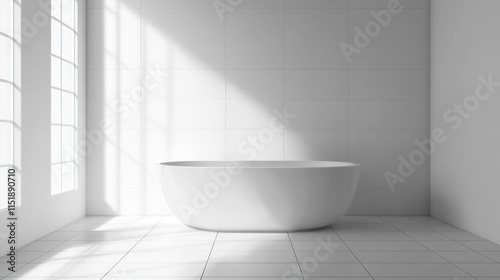 Modern Minimalist Bathroom Design: A serene white bathtub in a sunlit space.