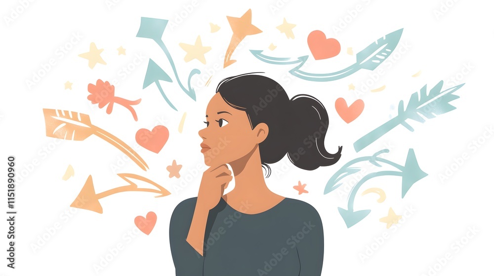 A woman is contemplating which direction to choose, with arrows pointing in different directions around her. A woman is contemplating which direction to choose, with arrows pointing in different directions around her.