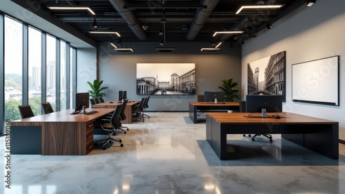 A cutting-edge office space with sleek desks  high-tech equipment  and minimalist decor for a professional yet comfortable environment