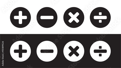 White and black vector icon of plus minus multiply and divide sign symbol set for application and website of calculation concept.