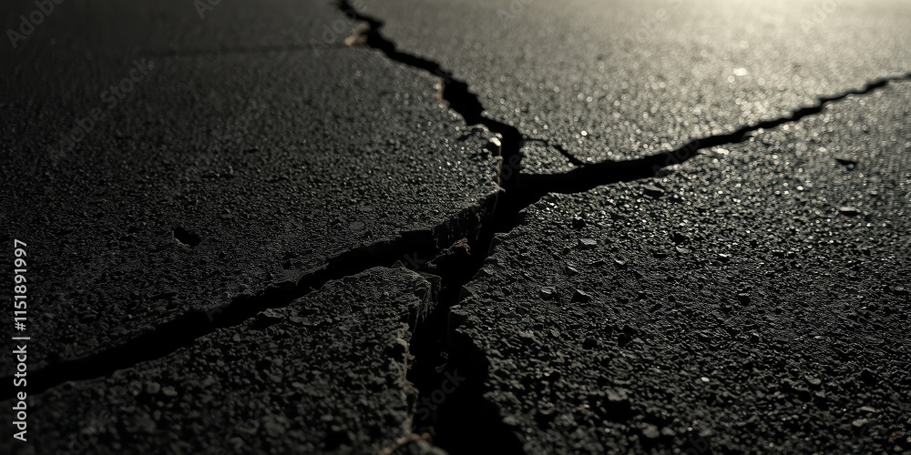 Obraz premium A Crack in the Pavement, a Close-Up View of a Deep Fissure in Asphalt, Revealing the Textured Surface and the Effects of Wear and Tear