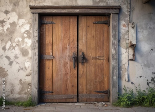 Abandoned outbuilding door with broken hinges, overgrowth, disuse