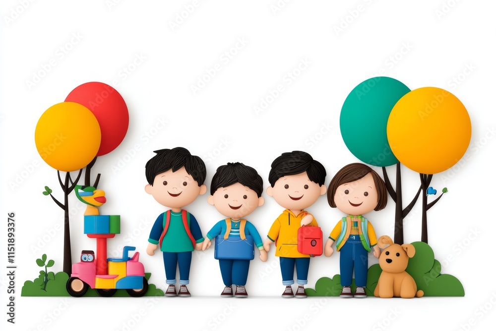 Fototapeta premium A playful 2D illustration of a group of kids playing in a park, surrounded by colorful toys and trees, drawn in cheerful tones on a white background