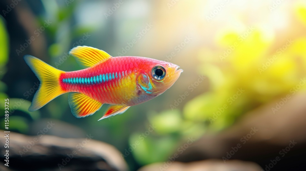 A vibrant fish swims gracefully in a sunlit aquatic environment. A vibrant fish swims gracefully in a sunlit aquatic environment.