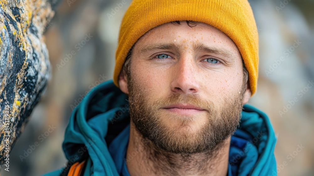 portrait of a climber’s face, beads of sweat on the forehead, wind-chapped cheeks portrait of a climber’s face, beads of sweat on the forehead, wind-chapped cheeks