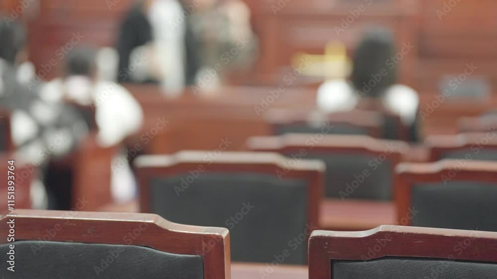 A row of wooden chairs with black seats and backs. The chairs are empty and the room is empty A row of wooden chairs with black seats and backs. The chairs are empty and the room is empty