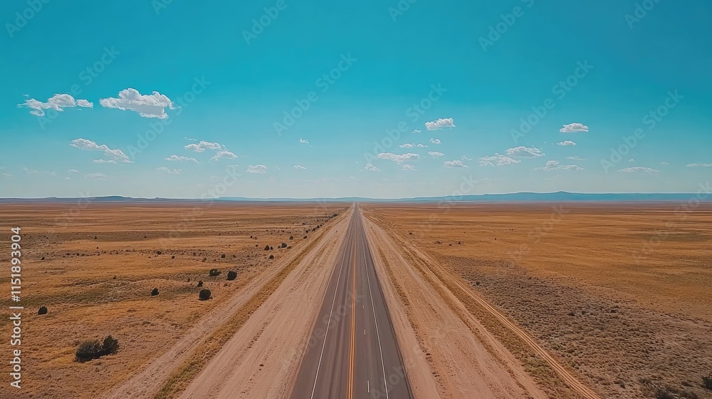 A straight highway cutting through a vast desert landscape under a bright blue sky with a few scattered clouds, showcasing endless freedom and adventure