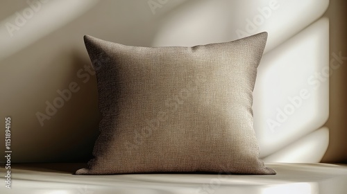 A textured decorative pillow sits on a surface, illuminated by soft sunlight, creating a warm and inviting atmosphere.