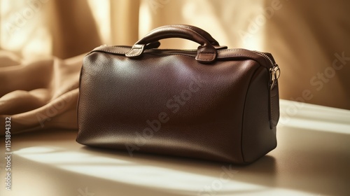 A stylish brown leather bag rests on a surface, illuminated by soft natural light, surrounded by a gentle fabric backdrop. photo