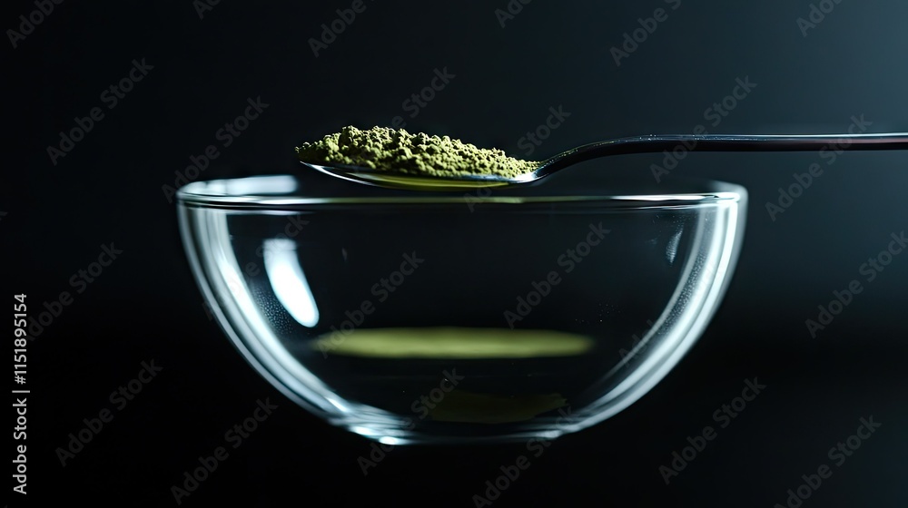 A teaspoon of matcha powder balanced over a glass cup, ready to be whisked into a frothy green tea drink A teaspoon of matcha powder balanced over a glass cup, ready to be whisked into a frothy green tea drink