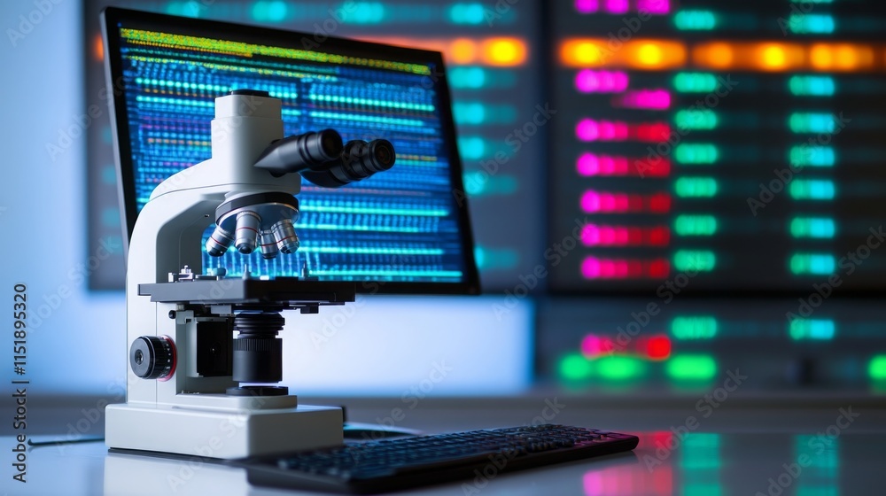Fototapeta premium A computer screen displays colorful data while a microscope sits on a desk, showcasing the integration of artificial intelligence in biological research.