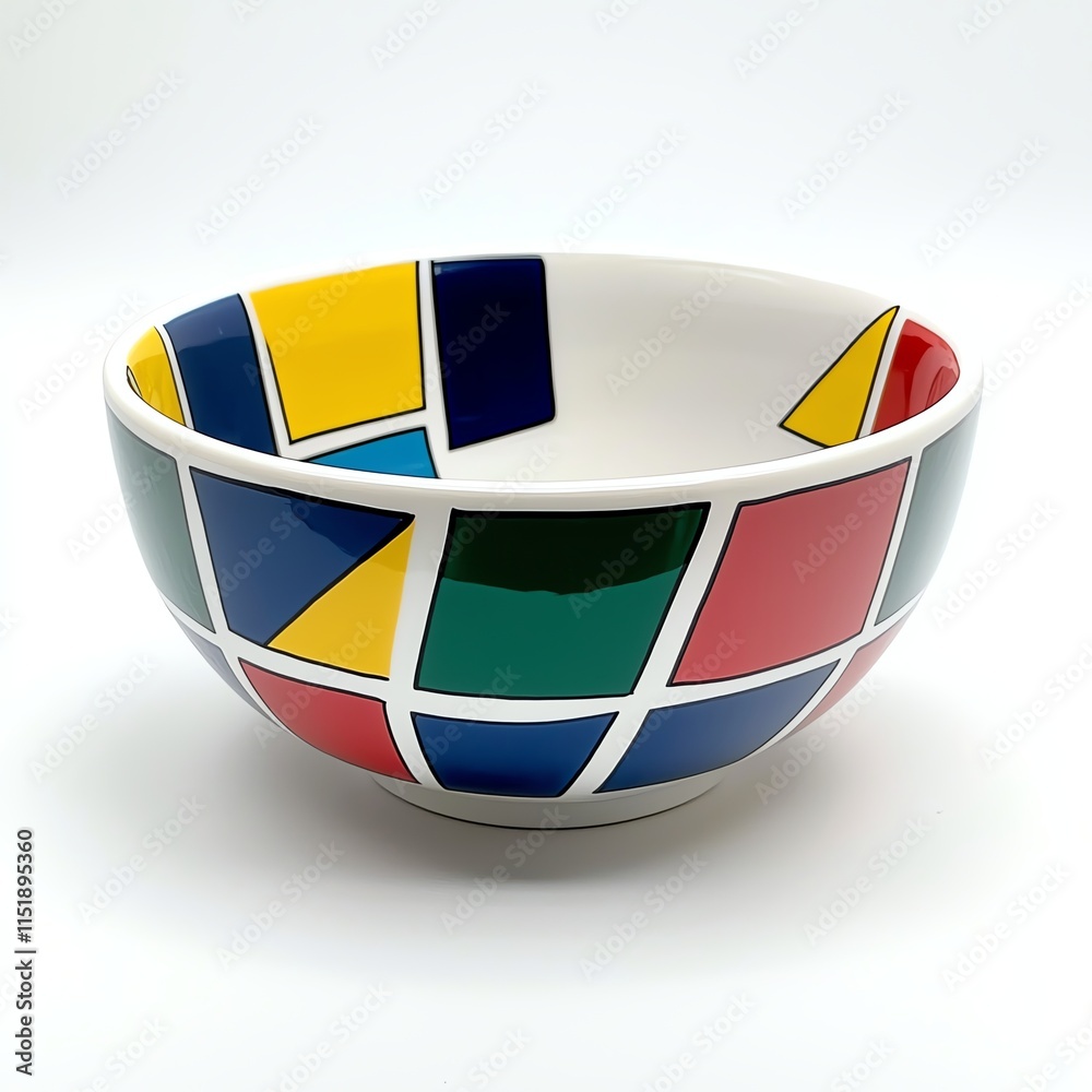 A vibrant, geometric-patterned bowl featuring bold colors like blue, yellow, red, and green, perfect for decorative or functional use. A vibrant, geometric-patterned bowl featuring bold colors like blue, yellow, red, and green, perfect for decorative or functional use.