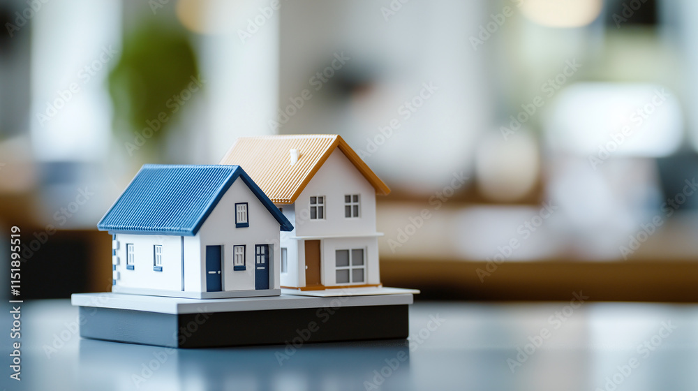 Miniature model of two houses, one with blue roof and other with orange roof, displayed on table in modern interior setting Miniature model of two houses, one with blue roof and other with orange roof, displayed on table in modern interior setting
