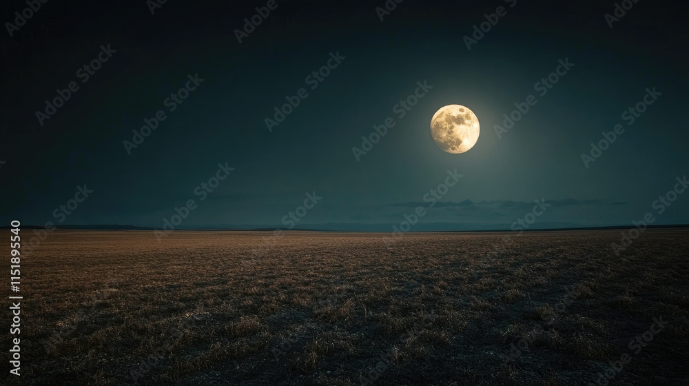 A tranquil full moon glowing softly above an empty field, with the dark sky adding to the stillness A tranquil full moon glowing softly above an empty field, with the dark sky adding to the stillness