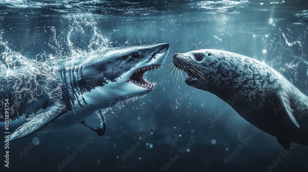 Naklejka premium Great White Shark and Seal Underwater Confrontation