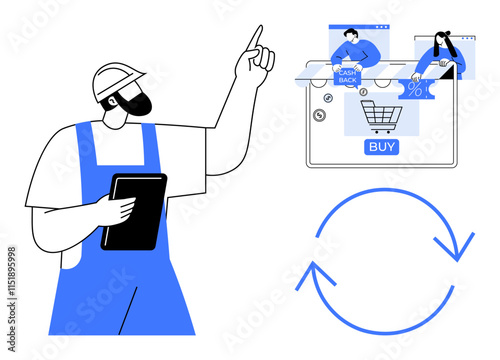 Worker holding a tablet points at a screen with online shopping elements including BUY, cash back, and pending percentages. Ideal for e-commerce, process automation, digital transactions, logistics