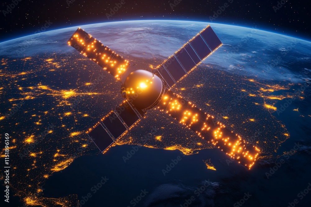 Obraz premium A satellite orbiting the Earth, transmitting GSM signals down to visible cell towers and devices in various regions