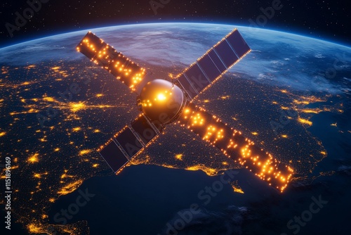 Wallpaper Mural A satellite orbiting the Earth, transmitting GSM signals down to visible cell towers and devices in various regions Torontodigital.ca