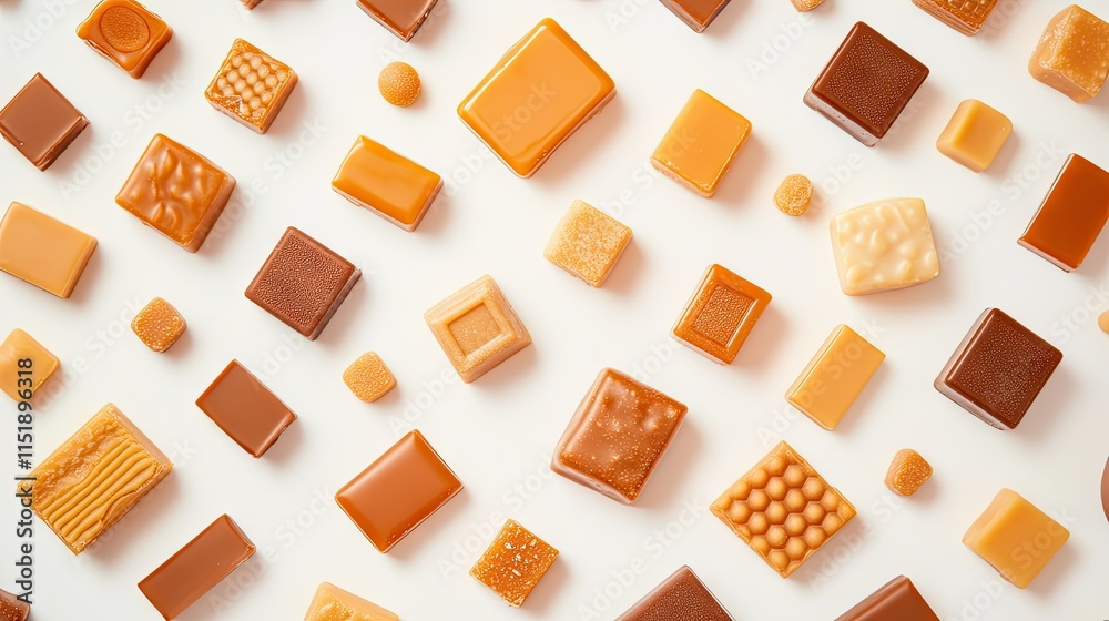 A variety of caramel shapes, including cubes and rounds, scattered randomly on a white background.