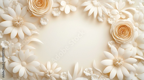 Soft and romantic wedding card design with realistic 3D paper flower accents surrounding an empty center for text.