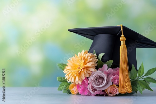 Fototapeta Naklejka Na Ścianę i Meble -  A dreamy watercolor painting of a graduation cap with a soft golden tassel, placed beside a vibrant bouquet of flowers on a blurred, pastel background