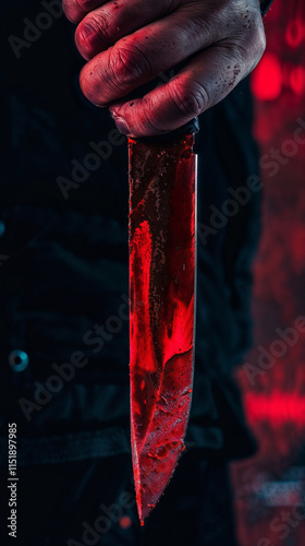 Close-up of bloody knife with red lighting against dark background, creating dramatic and sinister mood for true crime scene or horror concept for a documentary or movie