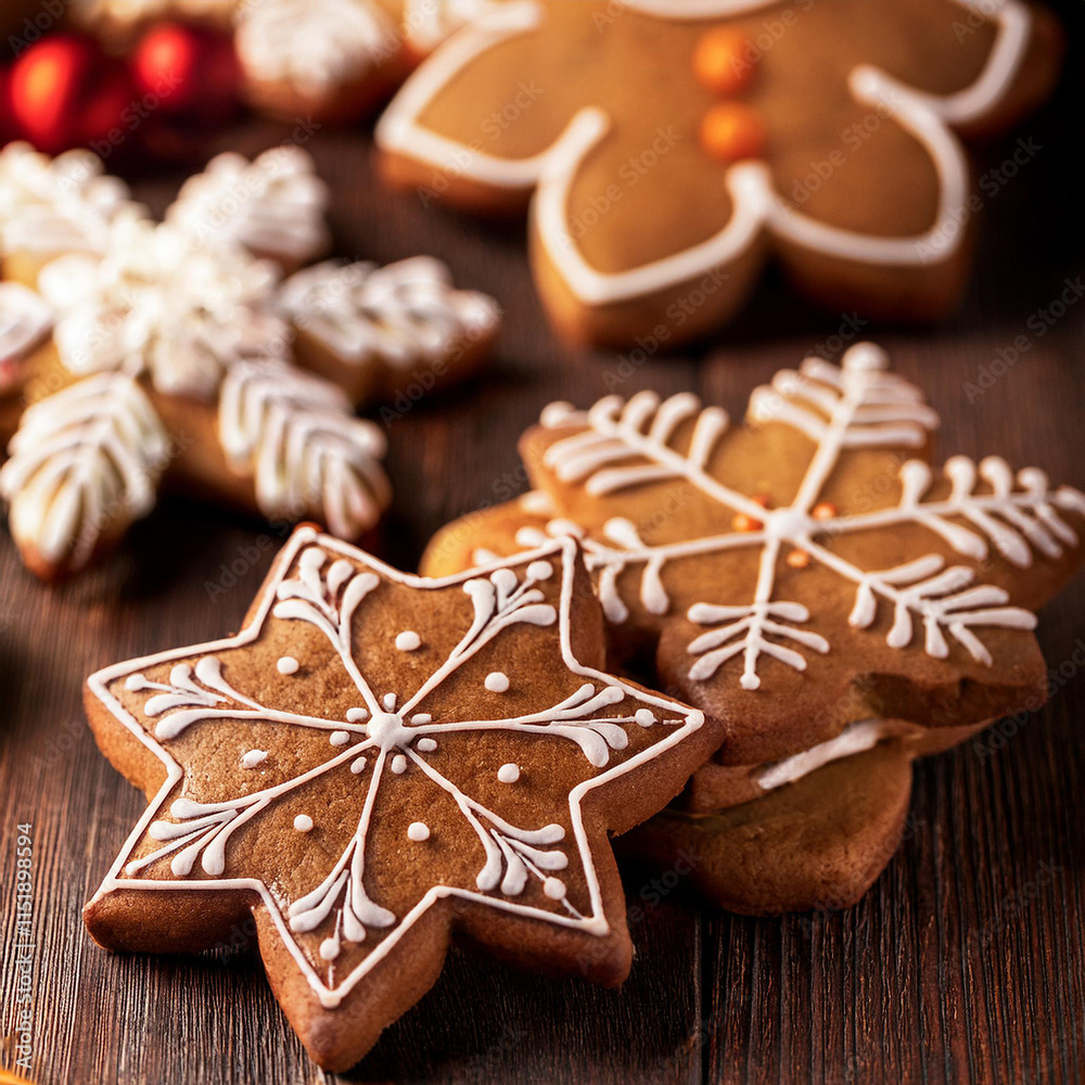 Decoratively iced gingerbread cookies arranged on a wooden surface with festive decorations Decoratively iced gingerbread cookies arranged on a wooden surface with festive decorations