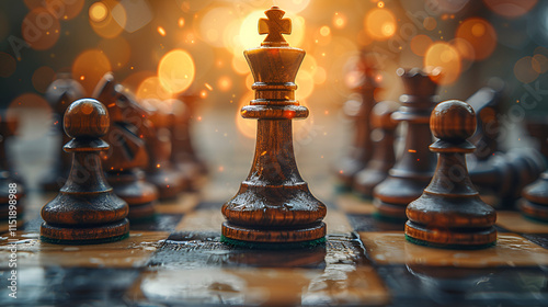 a lonely chess piece on a chessboard in disturbing lighting and fog, concept strategy decision-making leadership